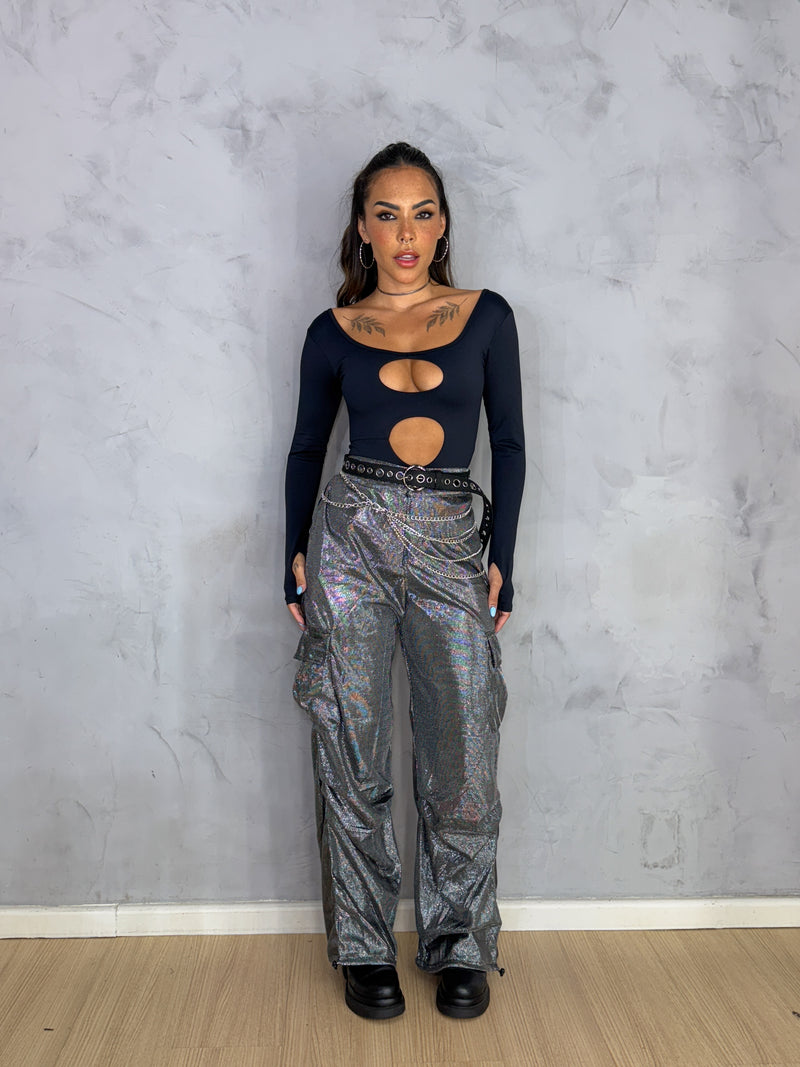 Calça cargo brilhosa